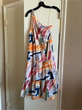 entro One-Shoulder Multicolor Brushstroke Tiered Dress